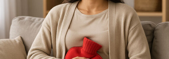 Menstruations-Beschwerden mit TCM behandeln - Frau mit Wärmekissen am Bauch und schmerzverzerrtem Gesicht