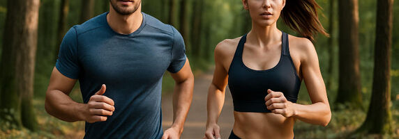 Fit aussehender Mann und Frau joggen gemeinsam im Wald – Symbolbild für Sport, Ausdauer und gesunde Bewegung in der Natur