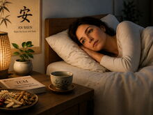 Frau liegt nachts wach im Bett - Symbolbild für Schlafstörungen und ganzheitliche Behandlung mit TCM