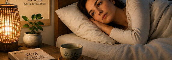 Frau liegt nachts wach im Bett - Symbolbild für Schlafstörungen und ganzheitliche Behandlung mit TCM