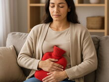 Menstruations-Beschwerden mit TCM behandeln - Frau mit Wärmekissen am Bauch und schmerzverzerrtem Gesicht