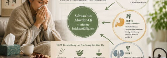 Frau mit Erkältungssymptomen - Darstellung der erhöhten Infektanfälligkeit aus Sicht der Traditionellen Chinesischen Medizin und des Abwehr-Qi